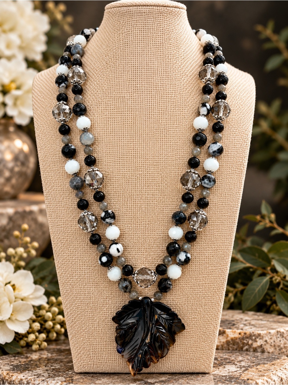 Artisan Onyx Labradorite Crystal Agate Double Strand Leaf Necklace Sterling 22”